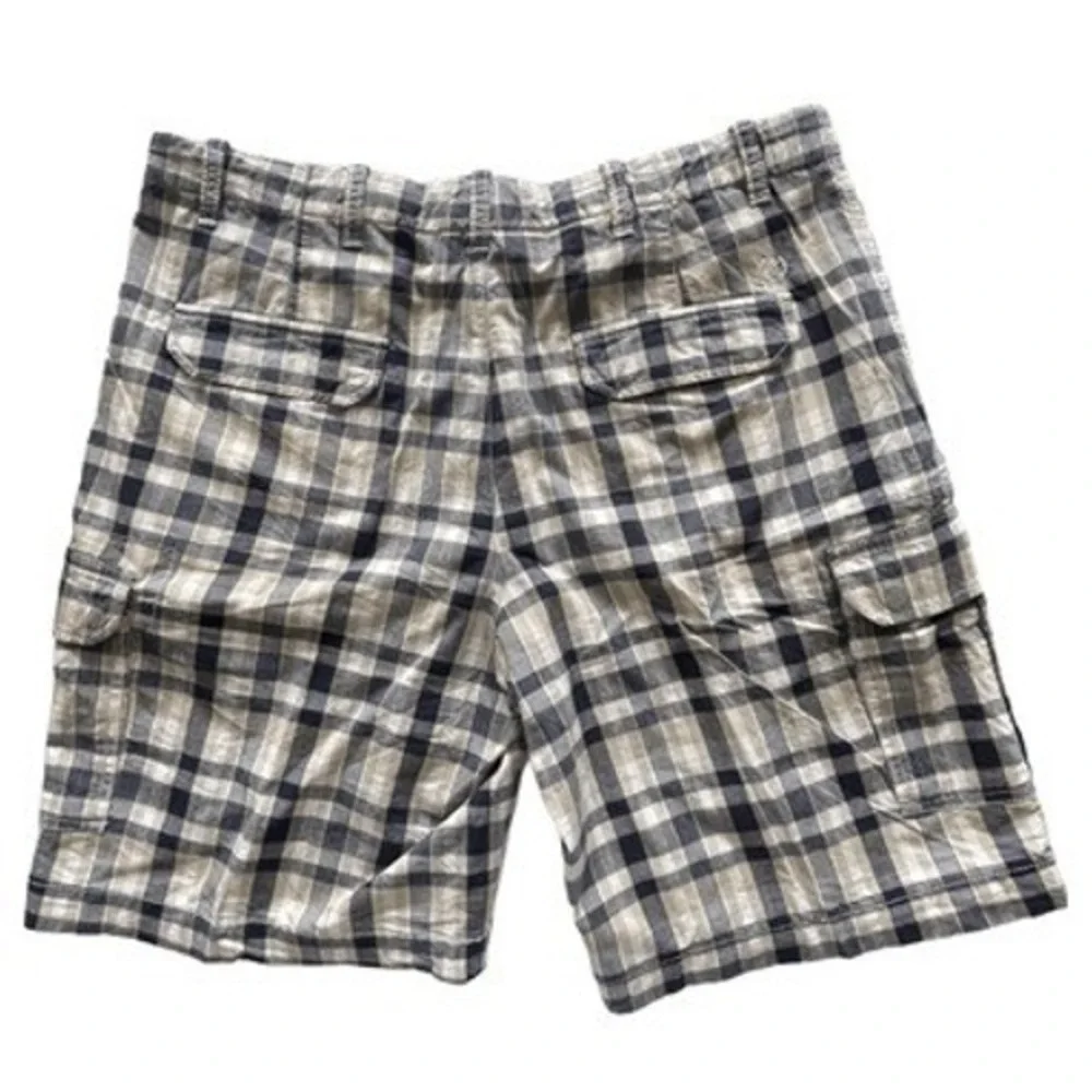 IZOD‎ Mens Plaid Cargo Shorts Navy Blue Tan White Cotton Size 38